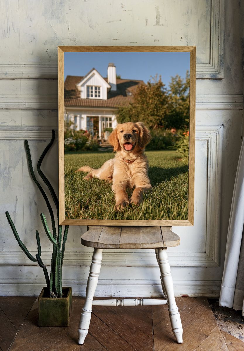 Golden Retriever in Garden Photography Poster. — room view 1