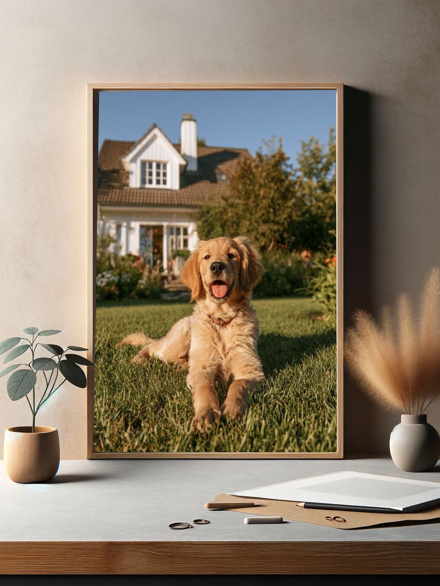 Golden Retriever in Garden Photography Poster. — room view 2