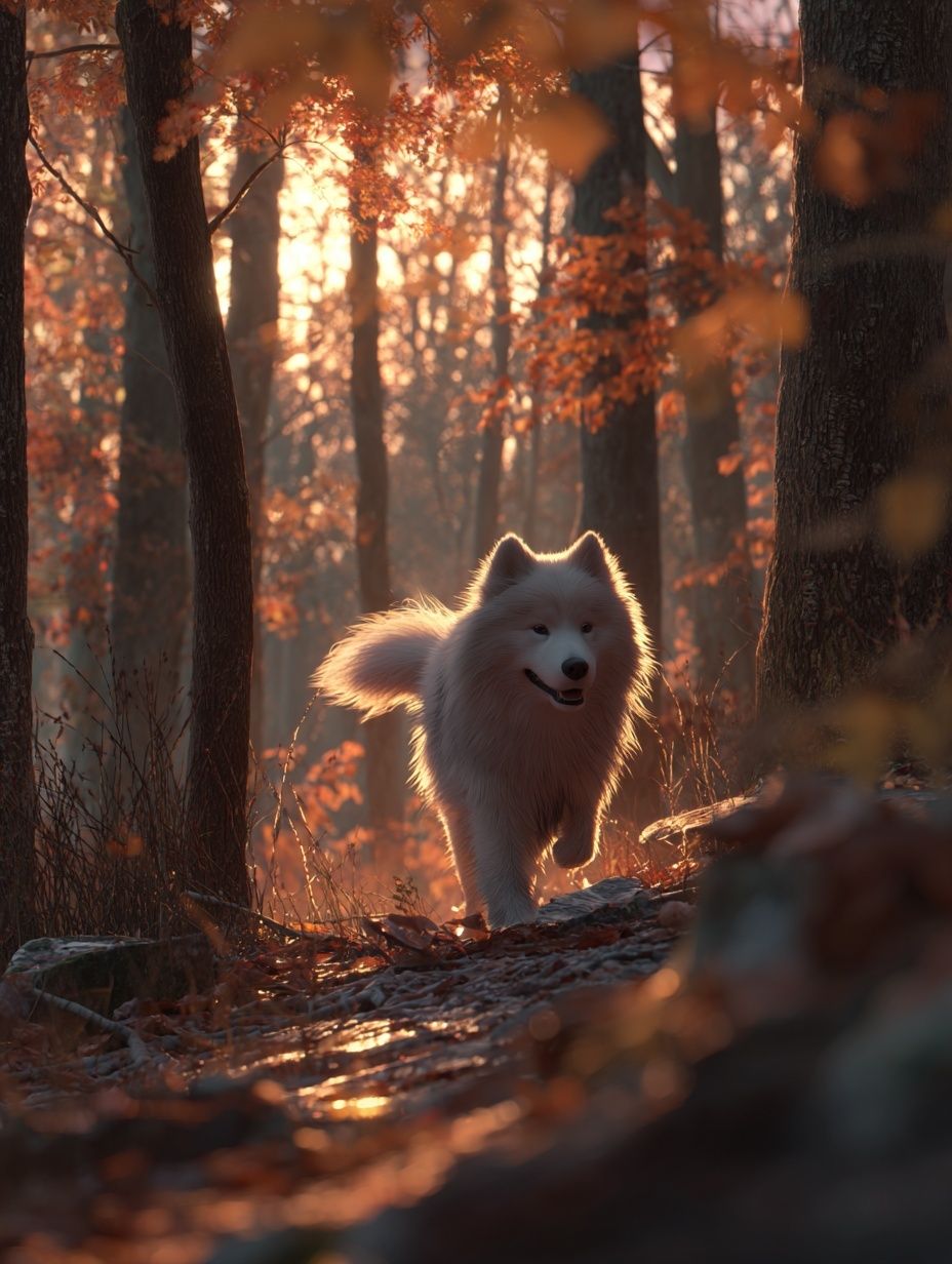 Samoyed Dog in Autumn Forest Poster. poster detail