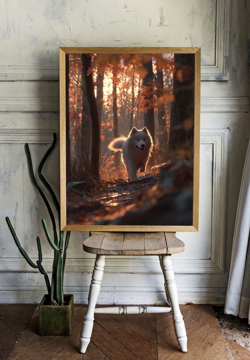 Samoyed Dog in Autumn Forest Poster room preview