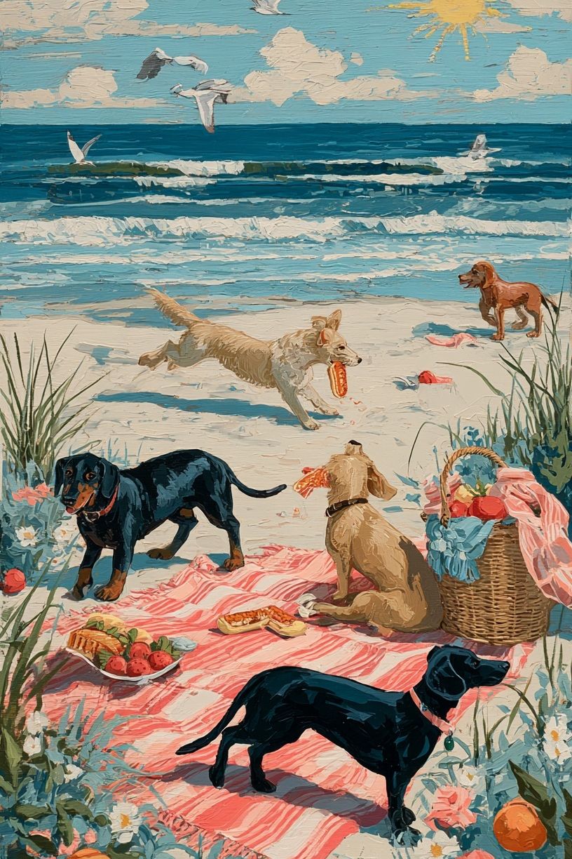 Dogs at the Beach — Illustration Print. poster — illustration art