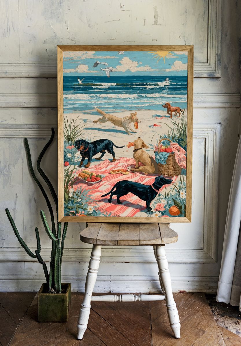 Dogs at the Beach — Illustration Print. room preview