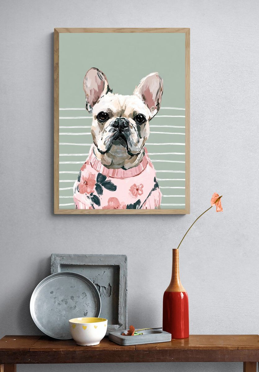 French Bulldog in Floral Sweater Poster. — room view 3