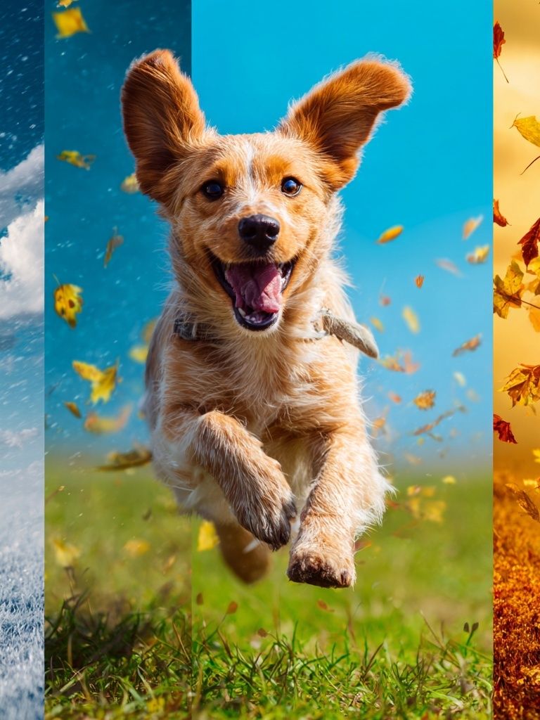 Happy Dog in Four Seasons Poster. poster — animals art