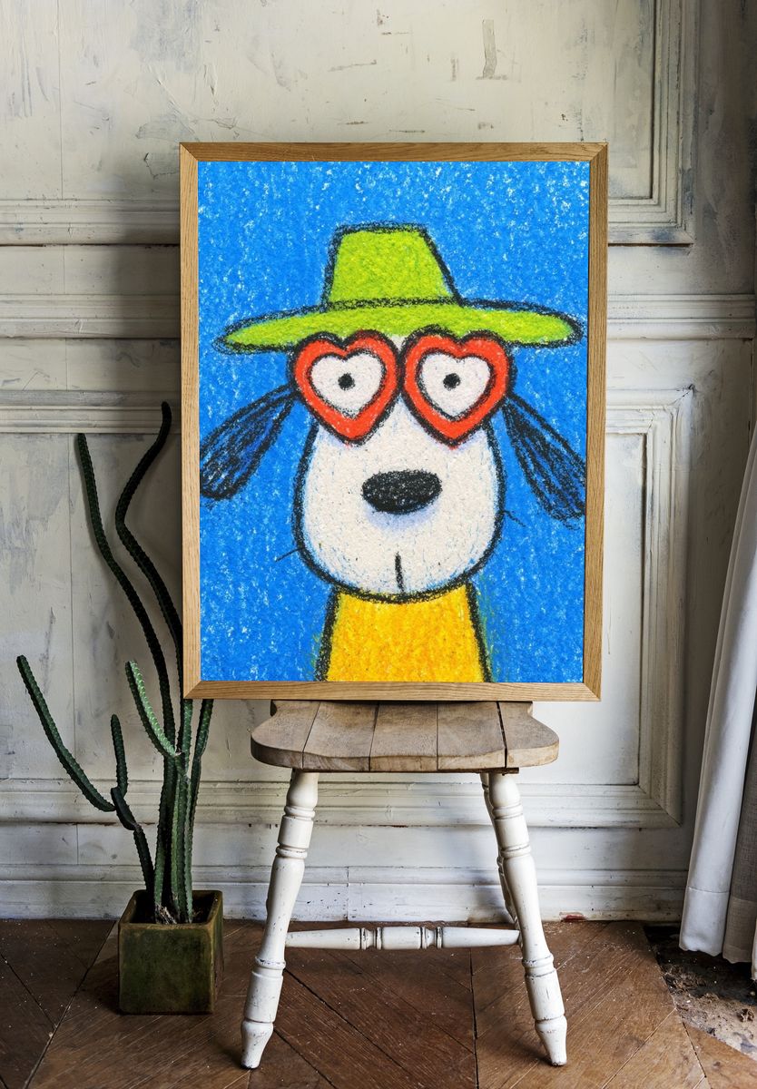 Playful Dog with Heart Glasses — Illustration Print. room preview