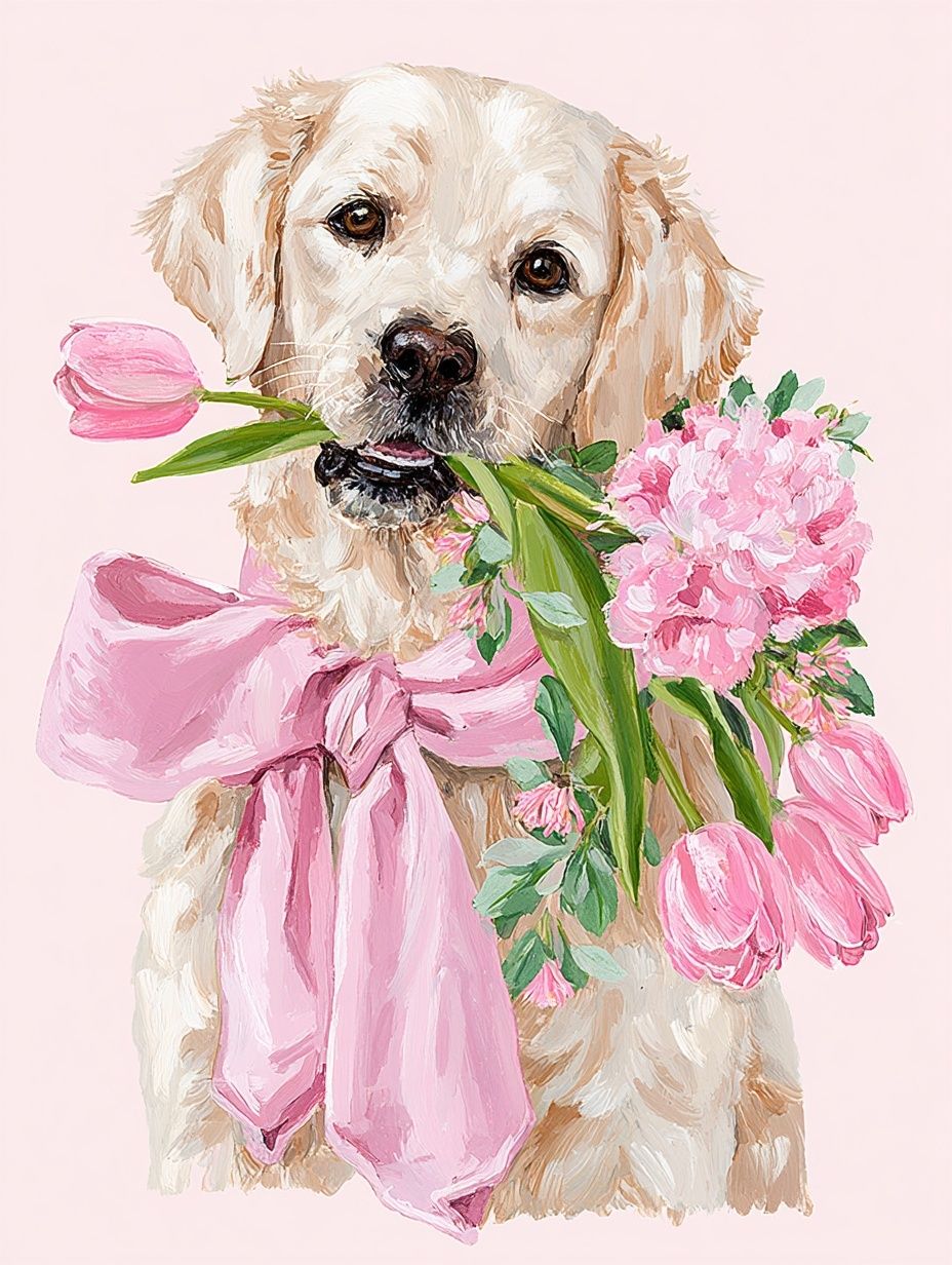 Golden Retriever with Flowers — Illustration Print. poster — animals art