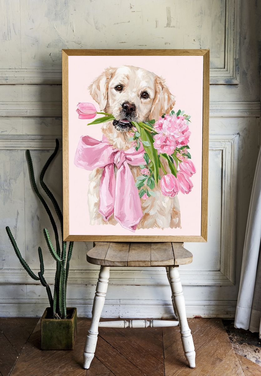 Golden Retriever with Flowers — Illustration Print. room preview