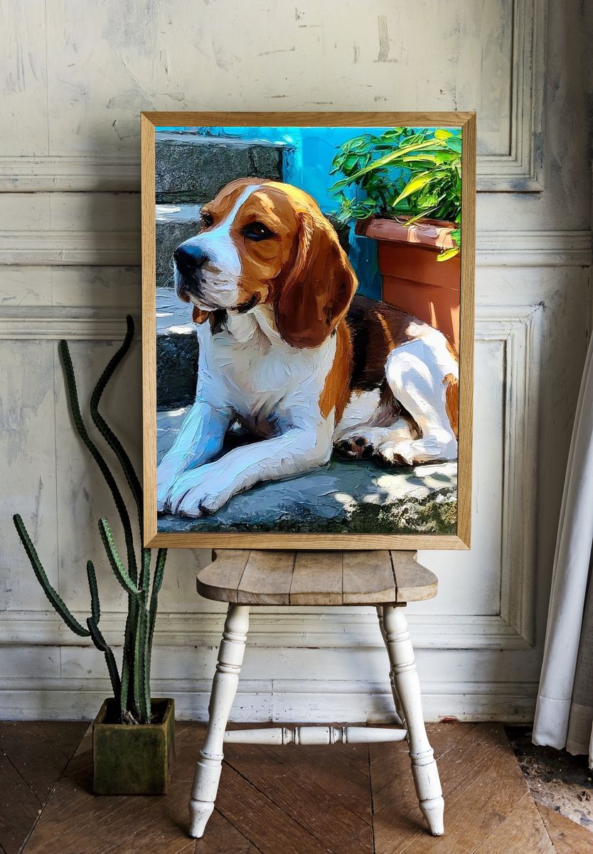 Beagle Sunlit Steps Poster. — room view 1