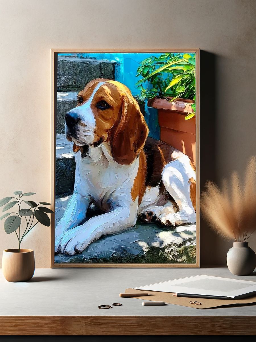 Beagle Sunlit Steps Poster. — room view 2