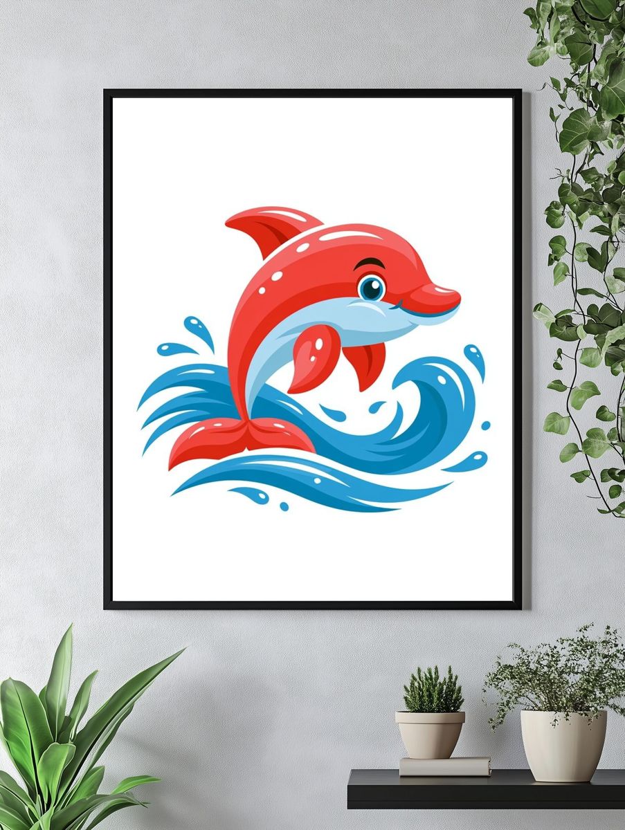 Playful Dolphin Illustration Poster. — room view 4