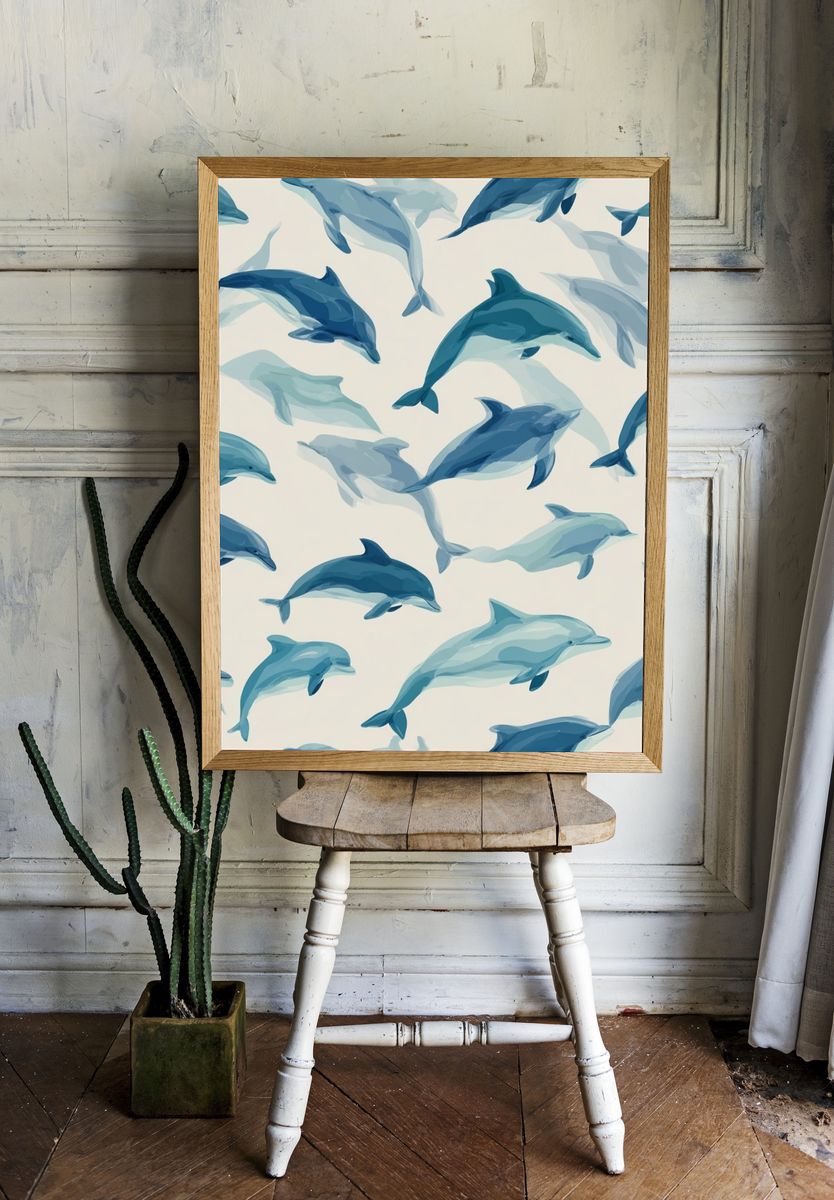 Dolphins Swimming — Watercolor Print. — room view 1