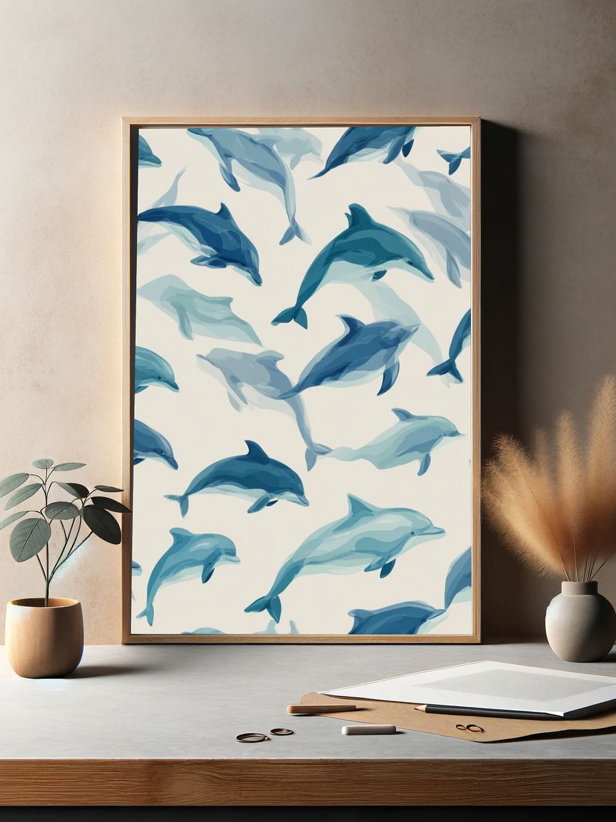 Dolphins Swimming — Watercolor Print. — room view 2