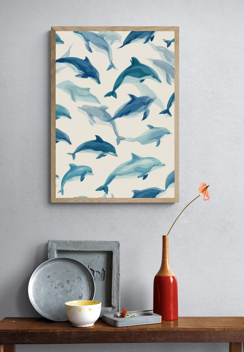 Dolphins Swimming — Watercolor Print. — room view 3