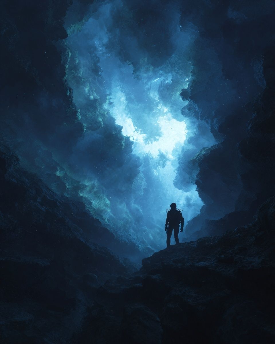 Diver in Ocean Cave — Fine Art Print. poster — fine-art art
