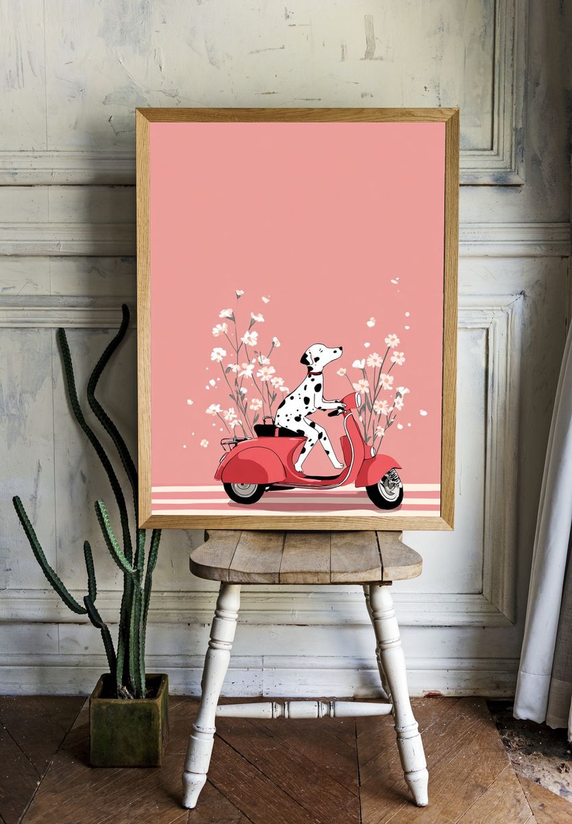 Dalmatian on Scooter — Illustration Print room preview