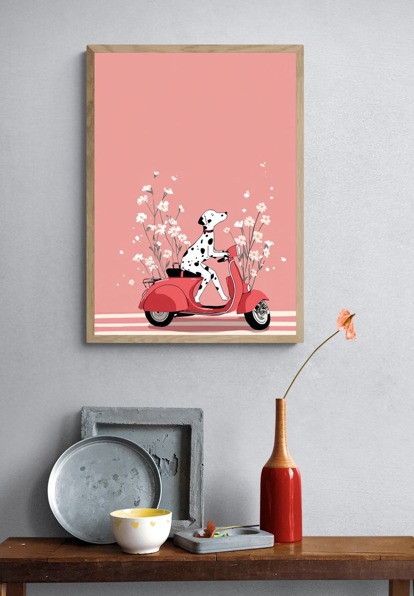 Dalmatian on Scooter — Illustration Print. — room view 3