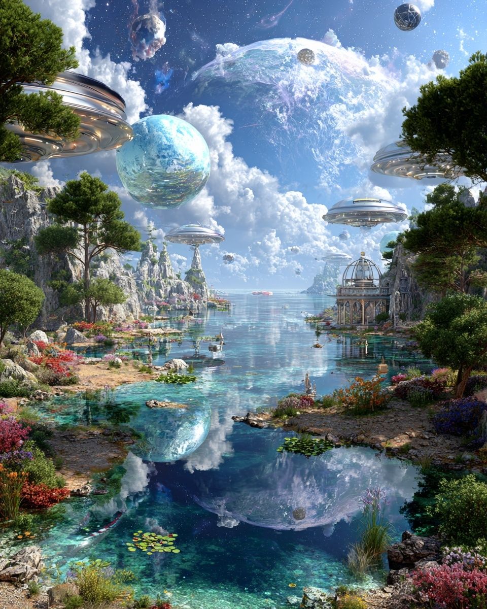 Futuristic Landscape with Floating Planets — Digital Art Print. poster — fine-art art