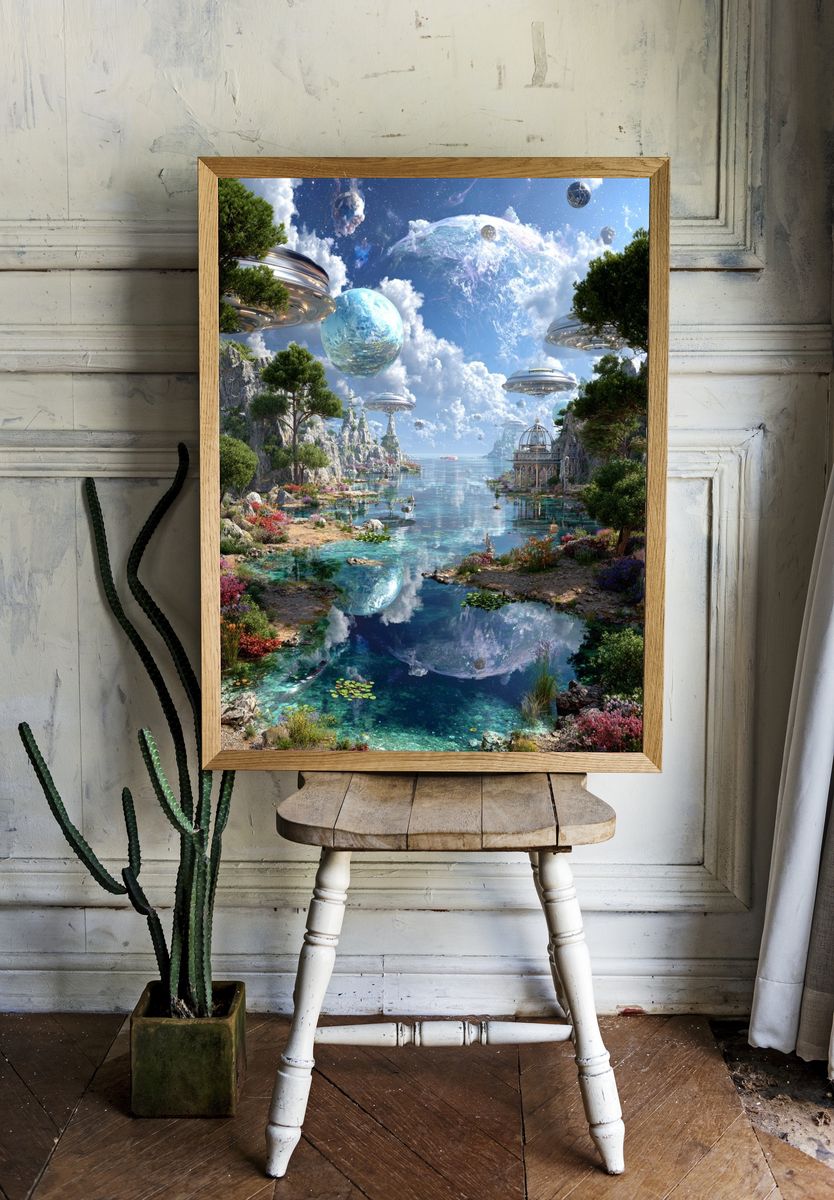 Futuristic Landscape with Floating Planets — Digital Art Print. — room view 1