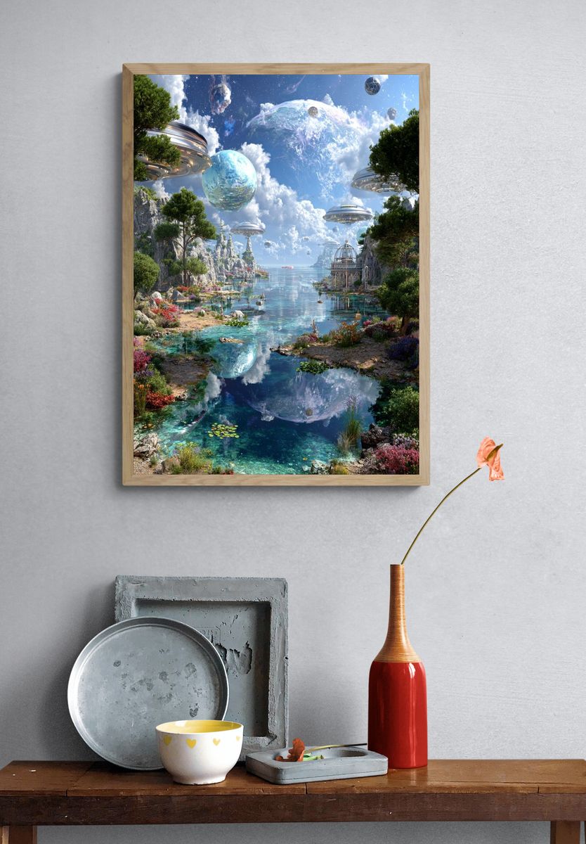 Futuristic Landscape with Floating Planets — Digital Art Print. — room view 3