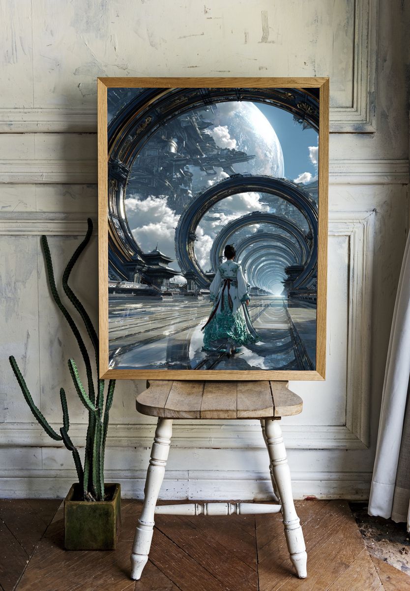 Futuristic Portal Journey — Digital Art Print. room preview