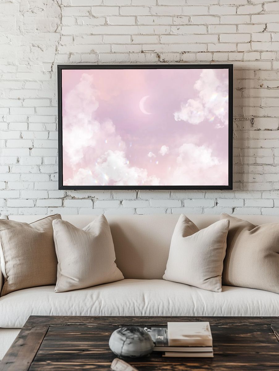 Dreamy Pink Clouds with Moon — Art Print. — room view 1