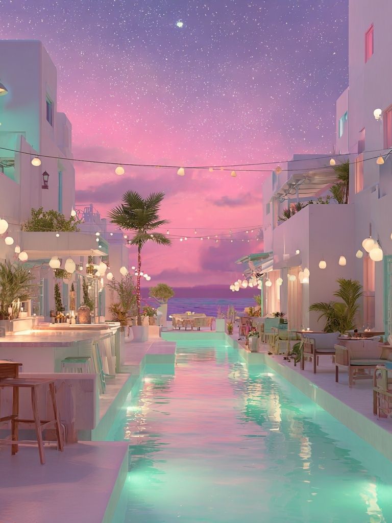 Dreamy Poolside Evening — Fine Art Print. poster detail