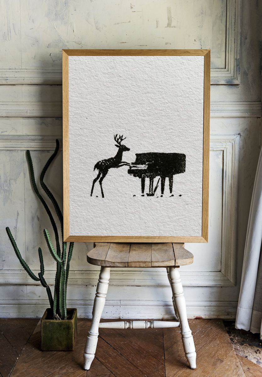 Deer and Piano Ink Print. room preview