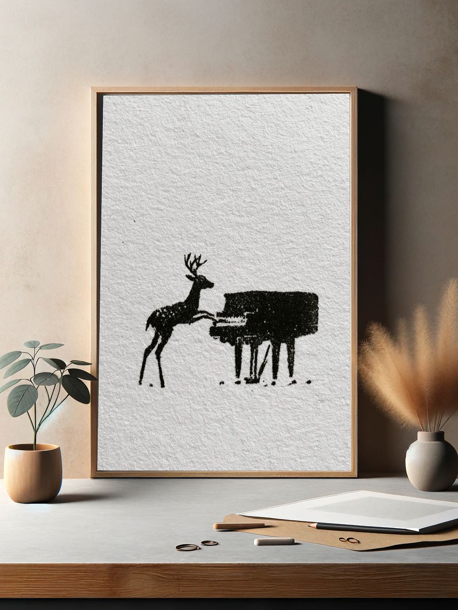 Deer and Piano Ink Print. — room view 2