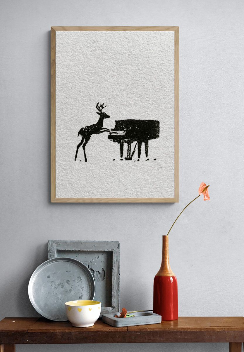 Deer and Piano Ink Print. — room view 3