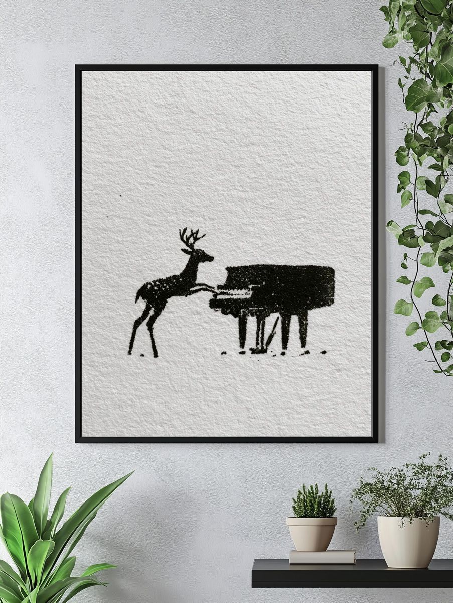 Deer and Piano Ink Print. — room view 4