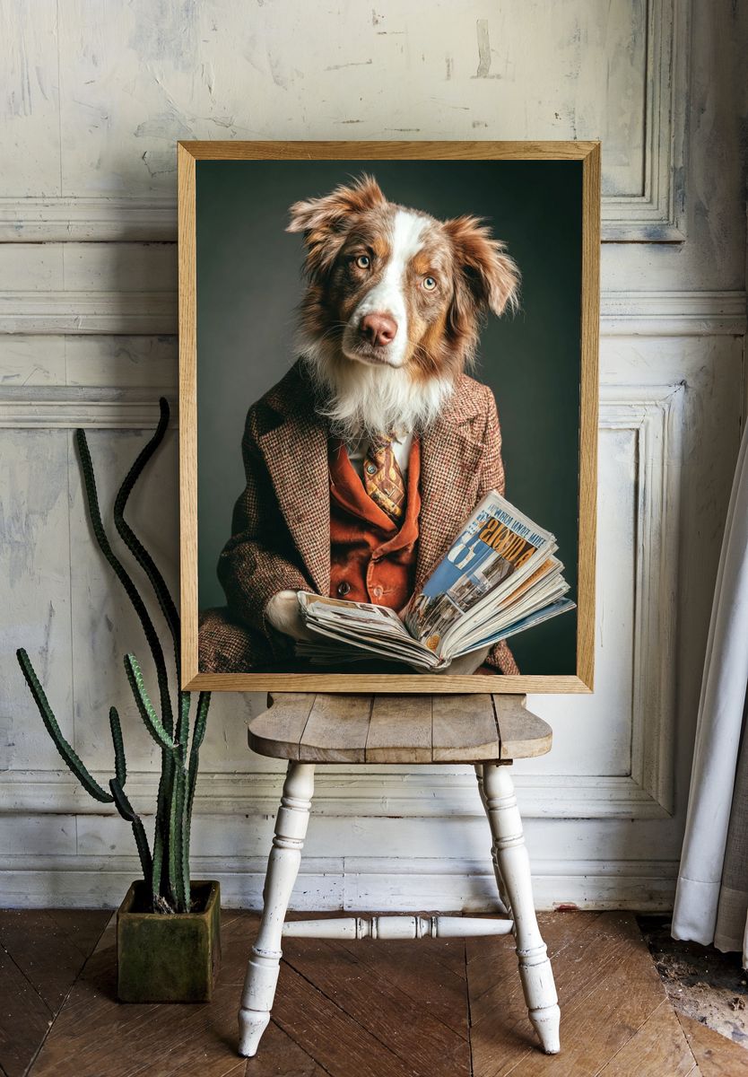 Dapper Dog Reading Newspaper — Funny Print room preview
