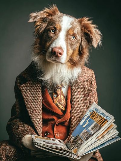 Dapper Dog Reading Newspaper — Funny Print. poster print