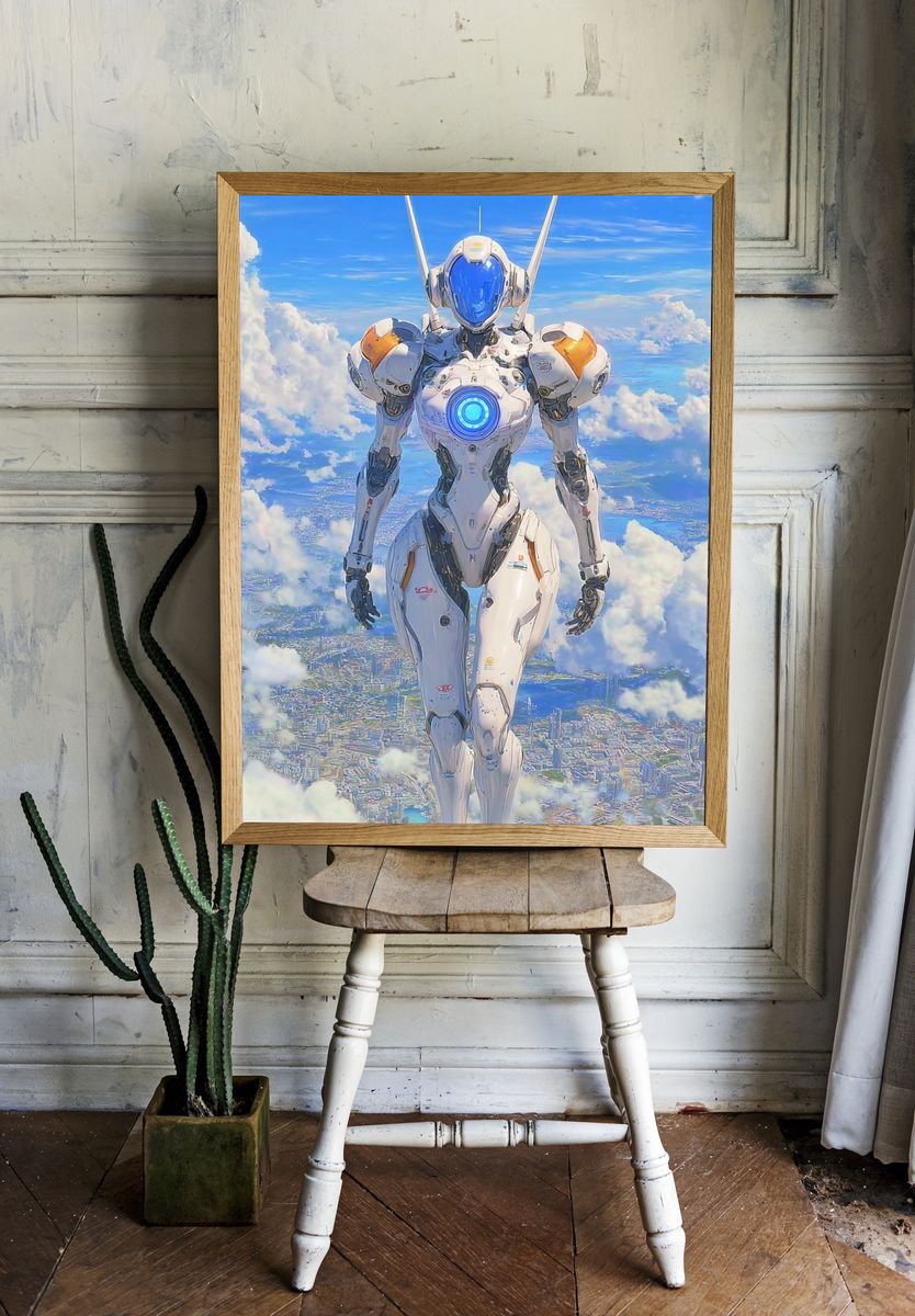 Futuristic Robot in the Sky — Digital Art Print room preview
