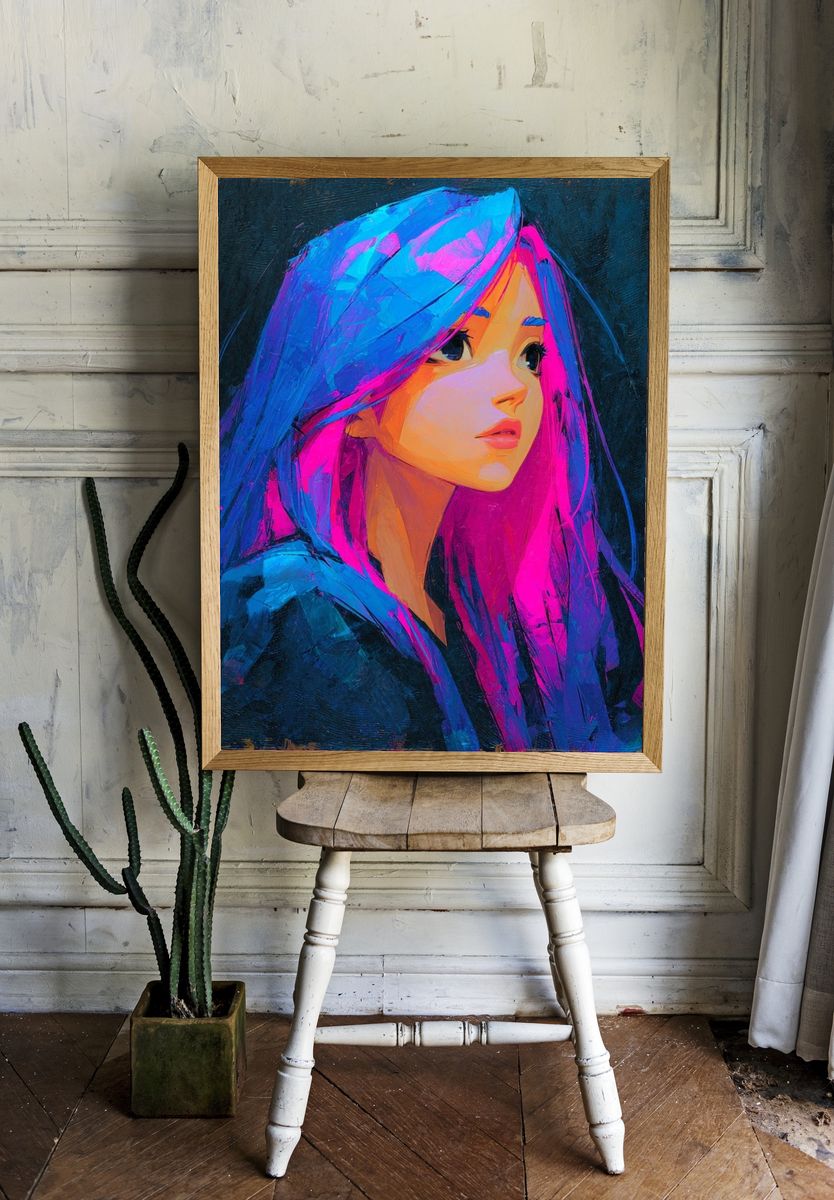 Vibrant Portrait of a Girl — Digital Art Print room preview