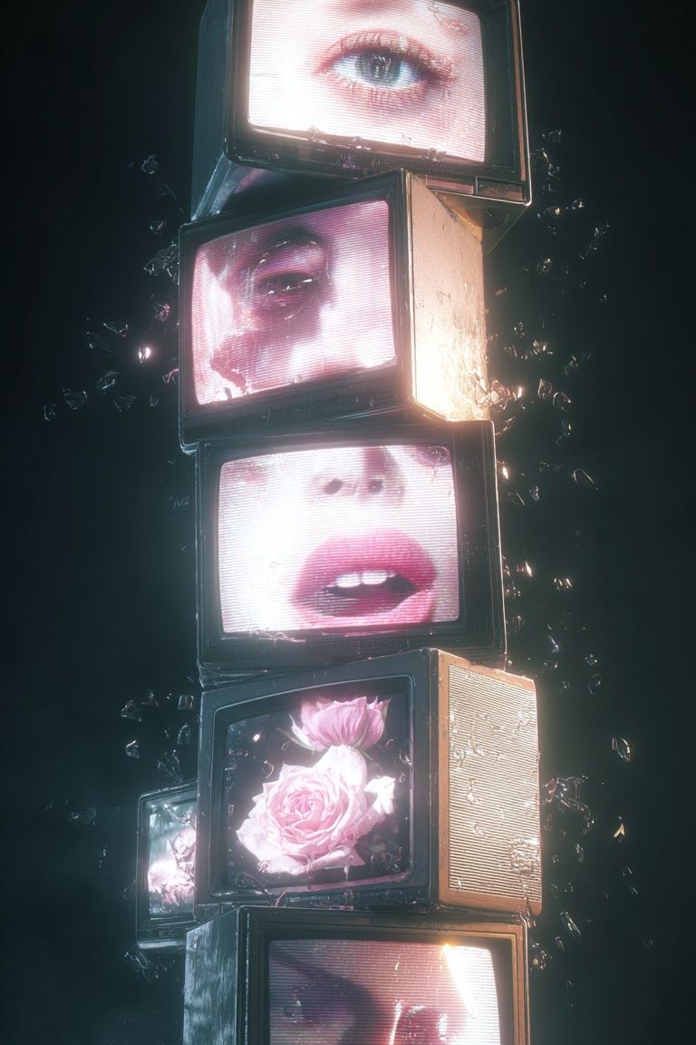 Surreal Faces and Flowers — Digital Art Print. poster — fine-art art