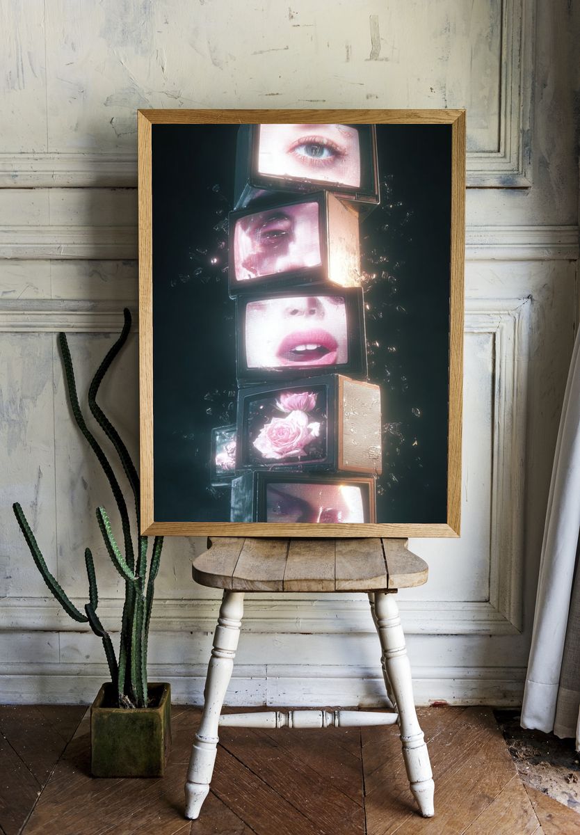 Surreal Faces and Flowers — Digital Art Print. — room view 1