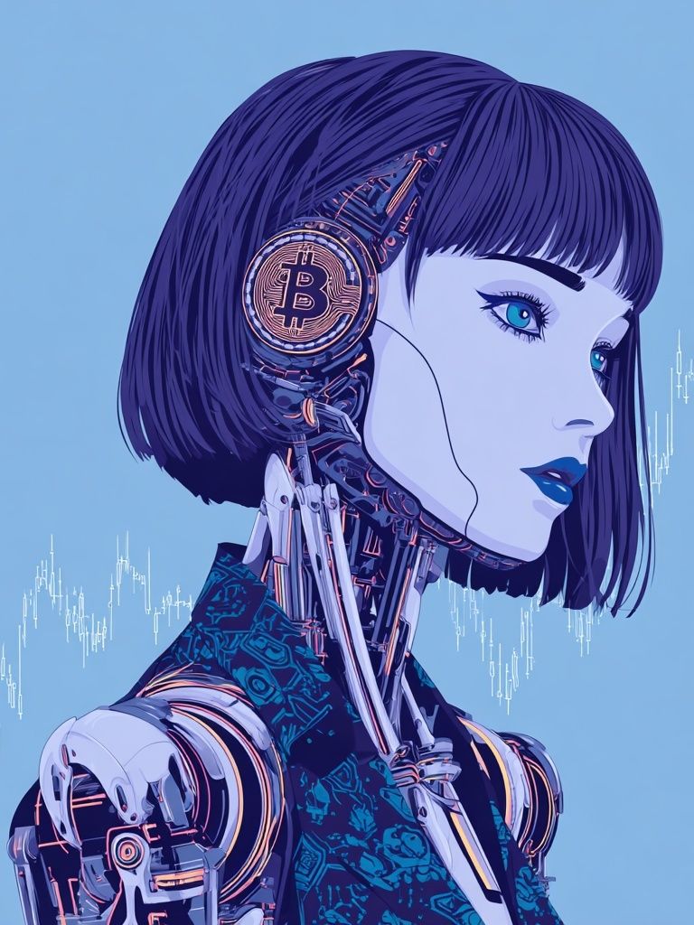 Futuristic Robot with Bitcoin — Digital Art Print. poster — illustration art