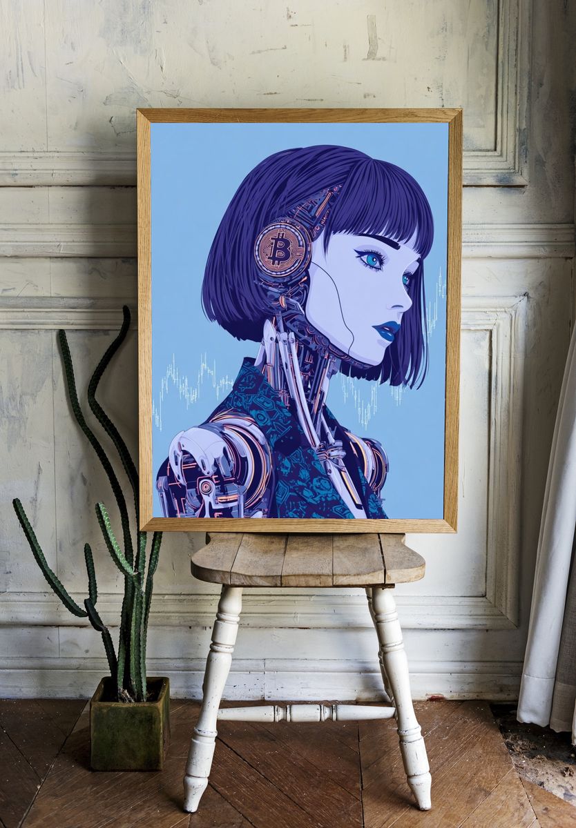 Futuristic Robot with Bitcoin — Digital Art Print room preview