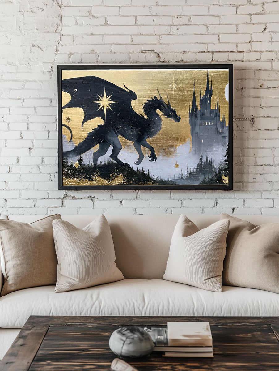 Dragon and Castle Fantasy Print. — room view 1