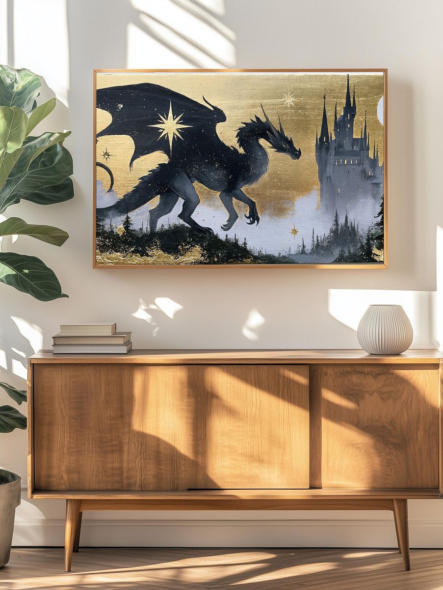 Dragon and Castle Fantasy Print. — room view 3