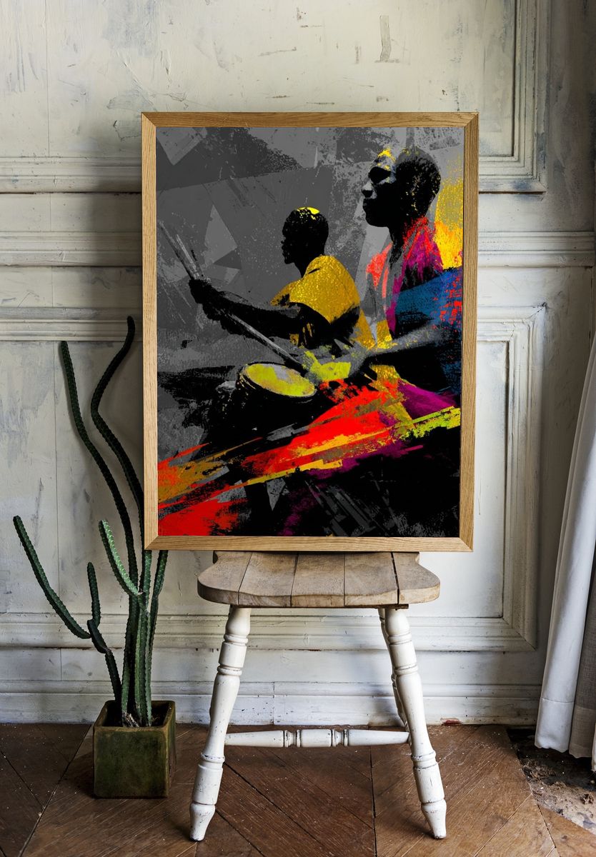 Drummers in Action — Abstract Print. — room view 1