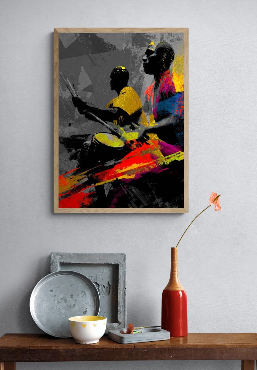 Drummers in Action — Abstract Print. — room view 3