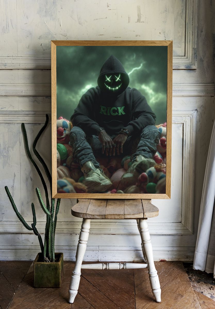 Masked Clown Figure Dark Art Poster room preview