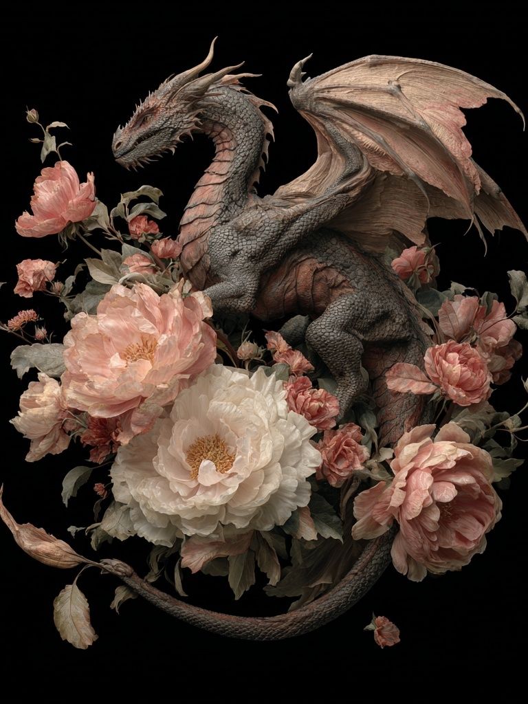 Dragon Among Flowers — Fantasy Art Print. poster detail