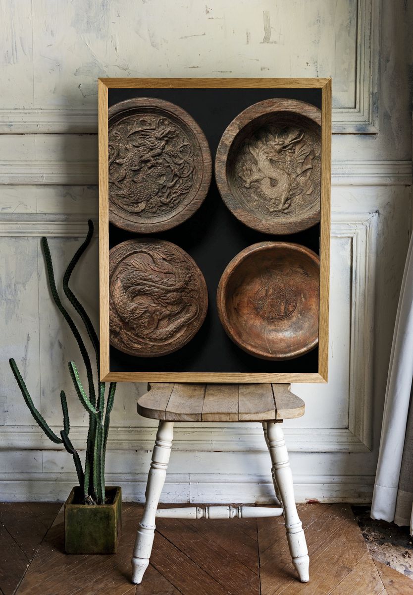 Dragon Carved Bowls Illustration Print. room preview