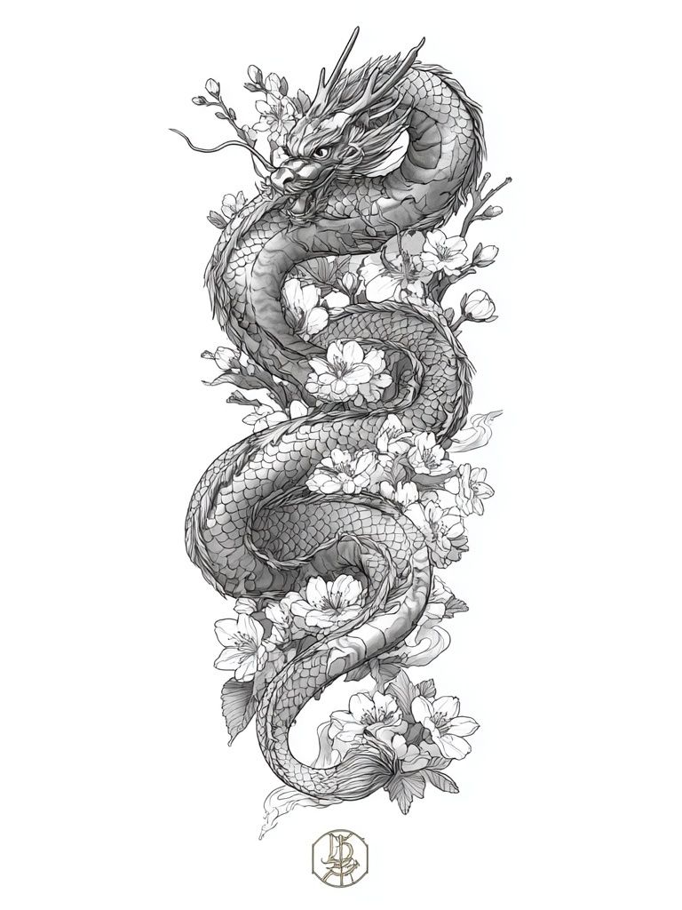Dragon and Cherry Blossoms — Illustration Print. poster detail