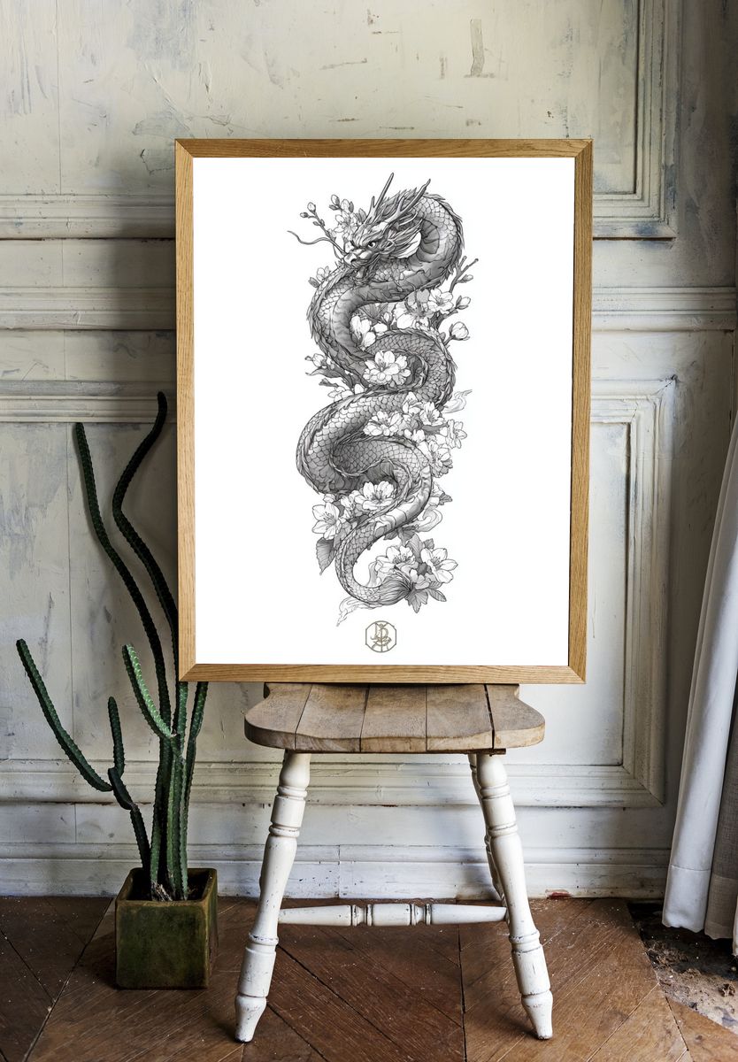 Dragon and Cherry Blossoms — Illustration Print room preview