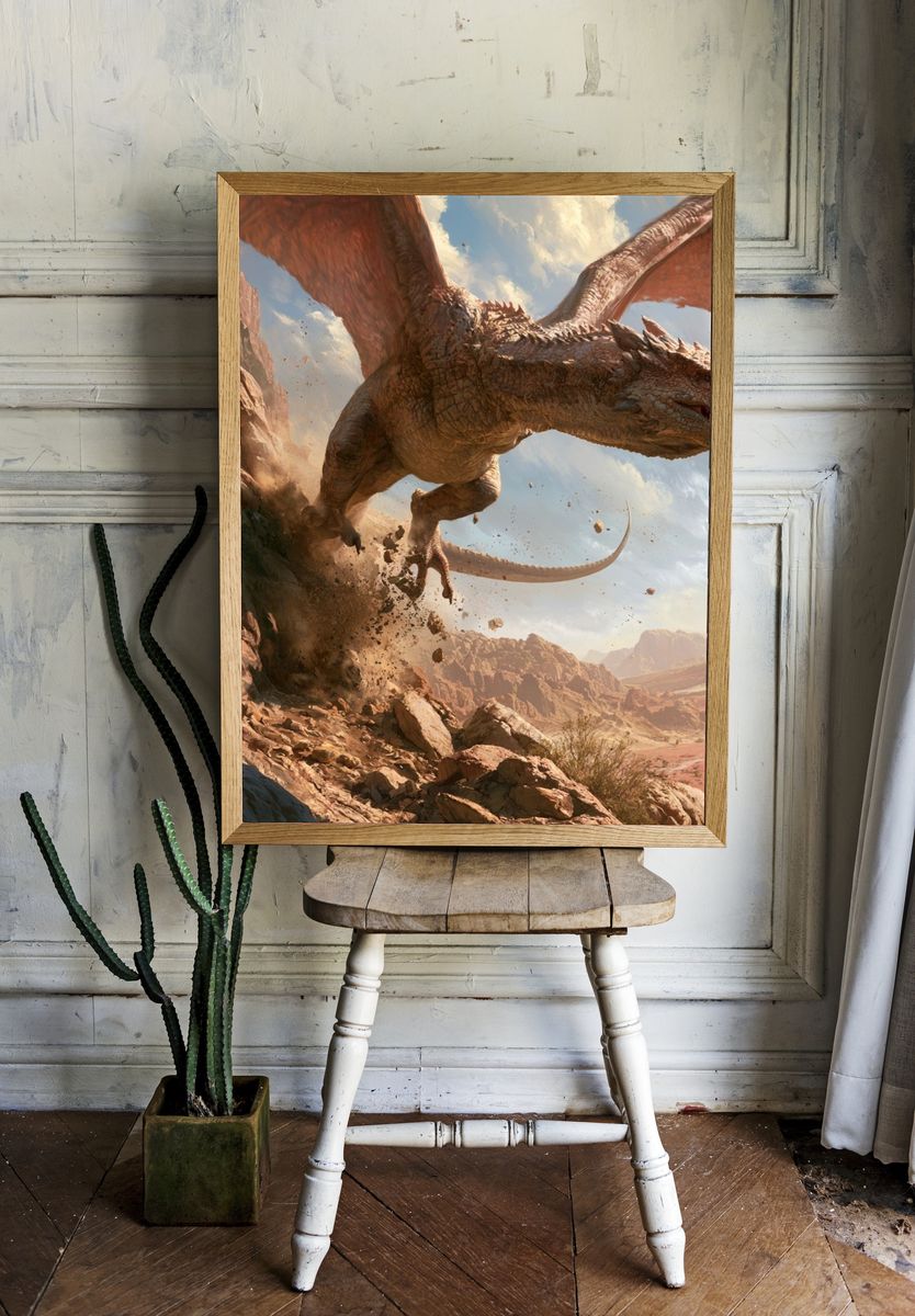 Dragon Over Desert Cliffs Poster. room preview