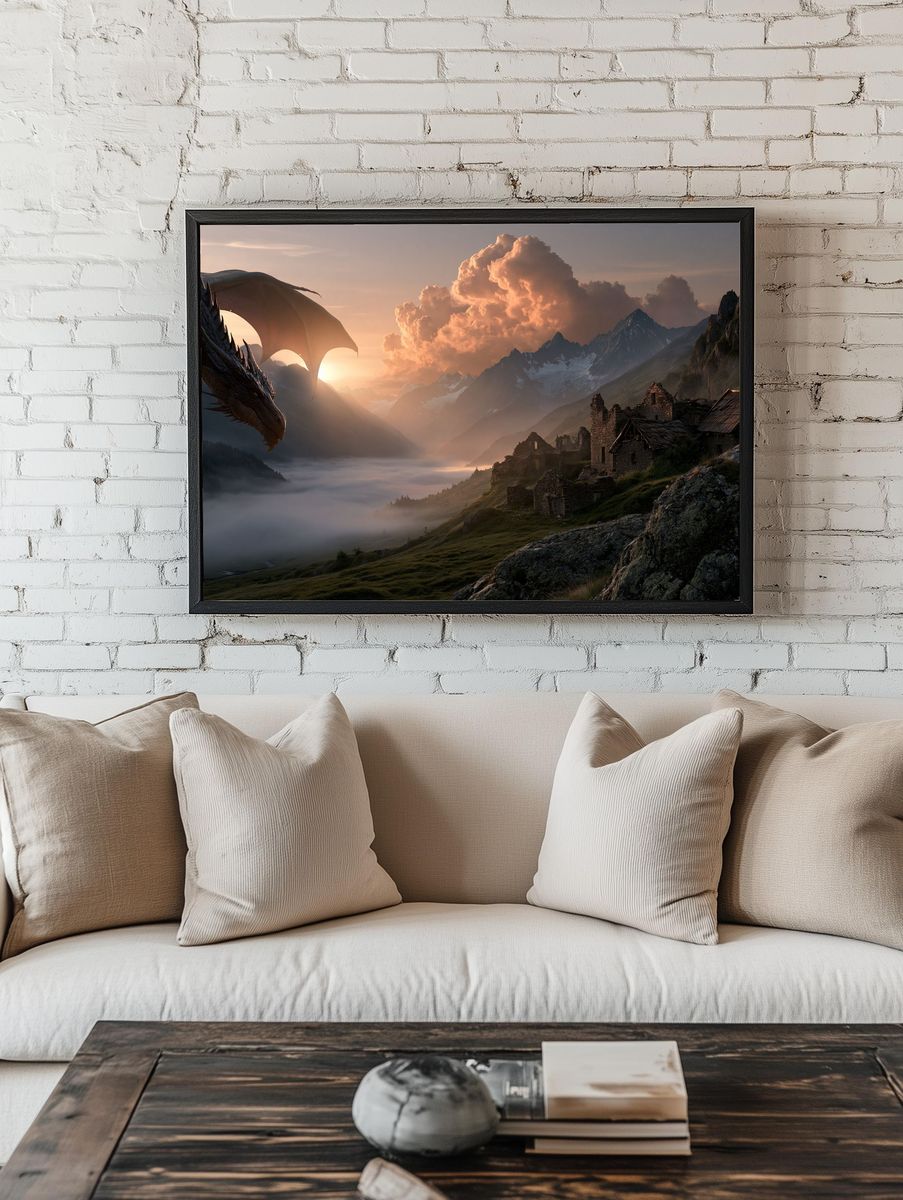 Dragon Over Misty Mountains Poster. room preview