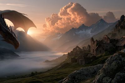 Dragon Over Misty Mountains Poster.